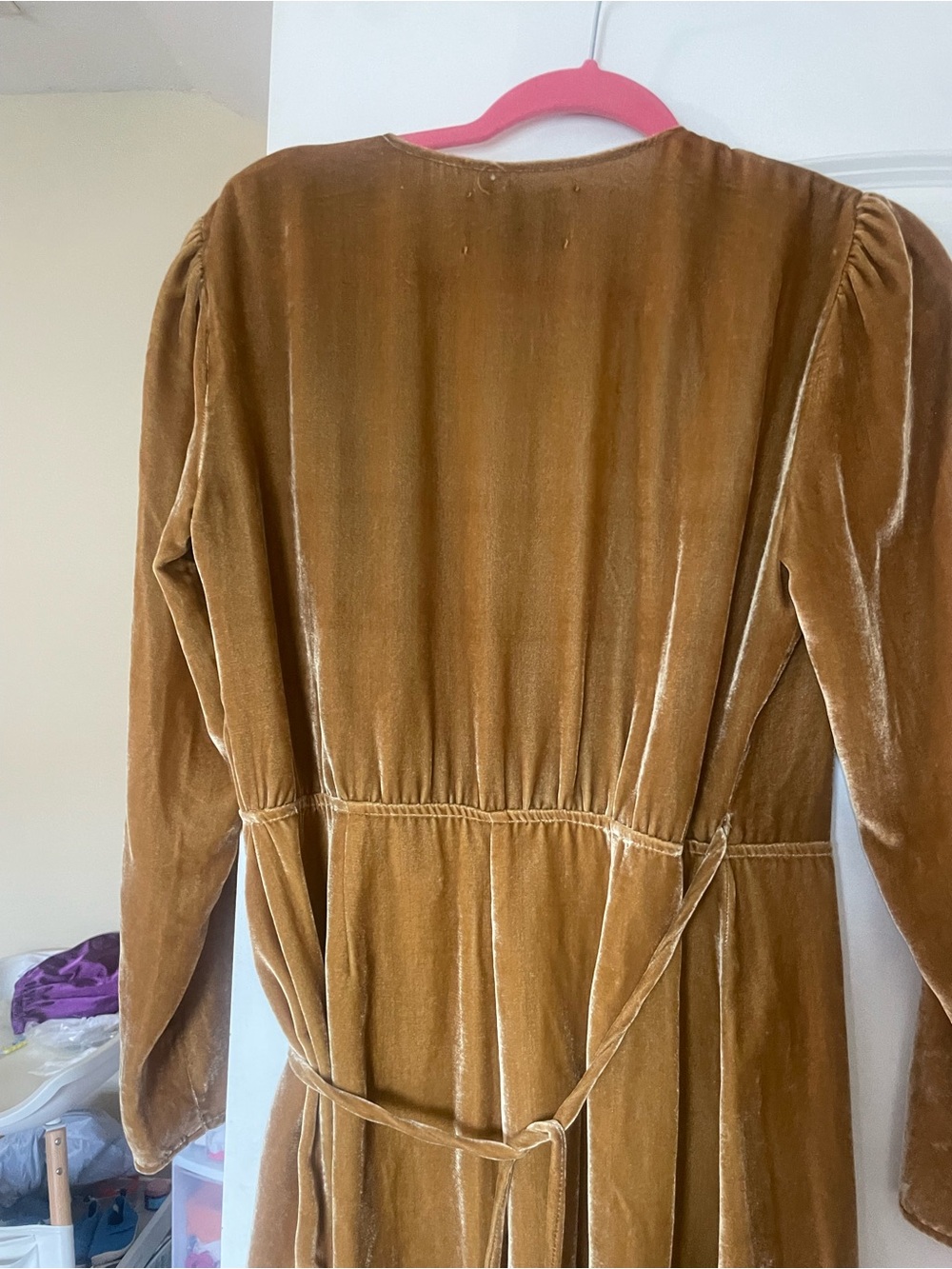 Reformation Chrissy Long Sleeve Velvet Wrap Dress in Caramel - Picture 10 of 11